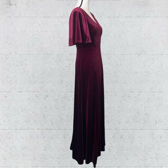 Ever Pretty V Neck Velvet Maxi Dress Flutter Sleeves Burgundy Bridesmaid Size M - Picture 7 of 14